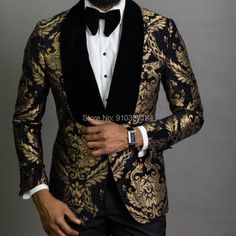 2 Piece Black Floral Jacquard Men Suits Slim Fit with Velvet Shawl Lapel - Tania's Online Closet Suit For Men Wedding, Prom Men, Prom Blazers, Cheap Suits, Velvet Shawl, Slim Fit Blazer