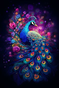 a painting of a colorful peacock on a black background