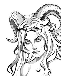 a drawing of a woman with horns on her head