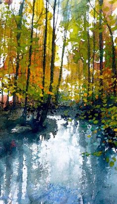 a painting of trees and water in the woods