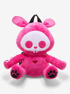 You'll never be lonely on your adventures with this undead cutie around! Bring along a travel buddy with this Skelanimals plush backpack depicting Jack with a pink makeover. Comes with adjustable straps a back zipper pocket and a top carrying handle. Pink Plush Kawaii Bag, Goth Kawaii, Biker Gear, Travel Buddy, Kawaii Goth, Plush Backpack, Yami Kawaii, Fashion Inspiration Board, Scene Fashion