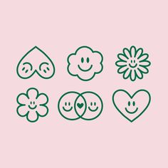 four different types of hearts and flowers on a pink background with the words love written in green