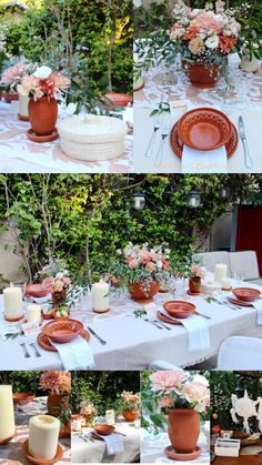 the table is set with flowers, candles and plates for an outdoor dinner party or celebration