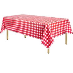 a red and white checkered tablecloth with wooden legs