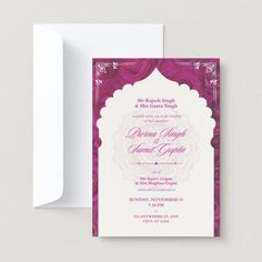 a wedding card with an ornate design on the front and back, in magenta pink