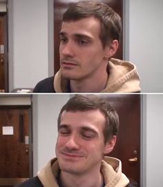 two pictures of a man with his eyes closed and the same person looking at him