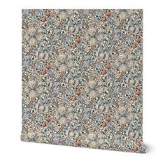 an ornate wallpaper design with flowers and leaves in blue, green, beige and red colors