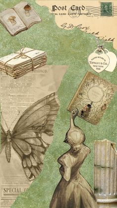 a collage of postcards with an image of a woman holding a book and a butterfly