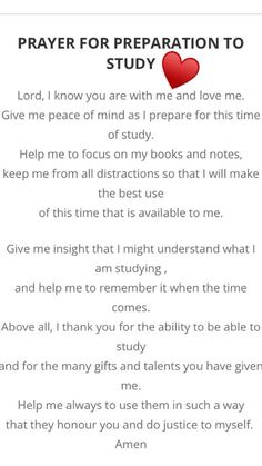 a prayer with the words prayer for preparation to study and an image of a heart