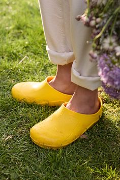 Made in Italy from CFC-free polyurethane foam rubber, these practical garden clogs are flexible, waterproof, and nearly indestructible. | NORA Garden Clogs, Yellow, Size: 36 at Terrain Yellow Slip-resistant Slip-on Clogs, Yellow Slip-on Slip-resistant Clogs, Gardening Shoes, Practical Garden, Garden Boots, Gardening Gear, Garden Clogs, Yellow Fits, Gardening Outfit