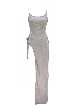 Rhinestone metal gown with an open side leg. When ordering the gown use our size chart don’t just order your regular size. Rhinestone Dresses, Silver Gown With Rhinestones For Gala, Silver Gown With Rhinestones, Silver Floor-length Gown With Rhinestones, Silver Maxi-length Prom Gown, Silver Maxi-length Gown For Prom, Silver Maxi Gown For Prom, Glamorous Floor-length Gown With Side Slits, Glamorous Gown With Side Slits For Prom