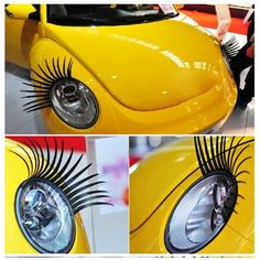 the front end of a yellow car with eyelashes on it