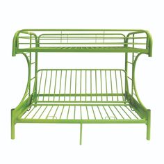 a green metal bunk bed frame with two shelves on the bottom and one shelf below