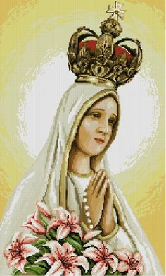 the virgin mary with flowers and a crown on her head is shown in this cross stitch pattern