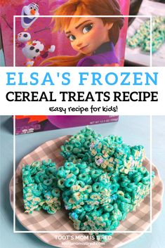 frozen cereal treats recipe on a plate with the title above it and an image of frozen cereal