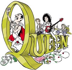 an image of people playing guitar and singing in front of the word queen written with cartoon characters