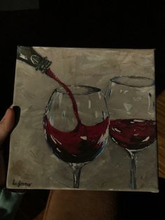 a painting of two wine glasses being filled with red wine by a person's hand