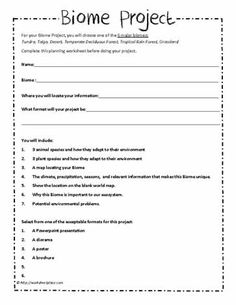 the biome project worksheet is shown in black and white, with an image of