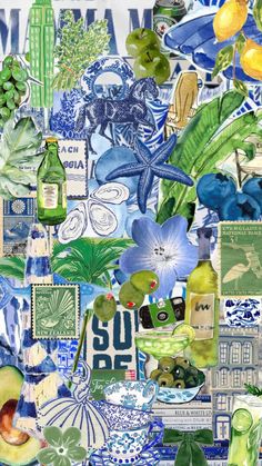 a collage of blue and green items