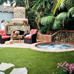 an outdoor hot tub in the middle of a garden