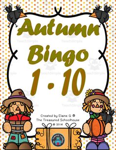 an autumn bingo game with two children holding pumpkins in front of a sign that says,