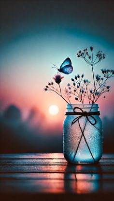 a glass jar filled with flowers and a butterfly flying over the top of it at sunset