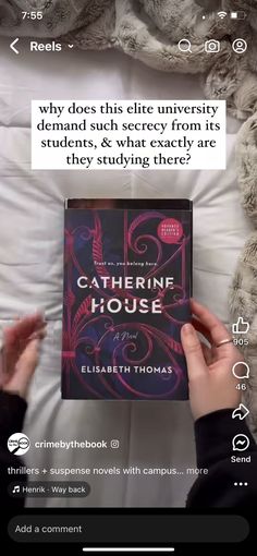 someone is reading a book in bed with the caption catherine house by elizabeth thomas