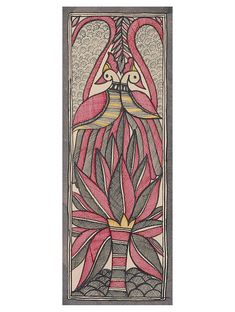 an art nouveau painting with pink flowers and leaves