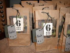 several bags with numbers and tags on them