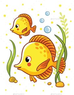 two yellow fish swimming in the water with green algaes and bubbles on white background