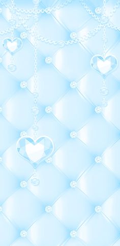 an abstract blue background with hearts and chains hanging from the chain on each side of the heart