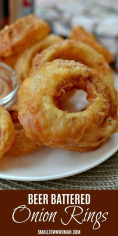 fried onion rings on a plate with dipping sauce