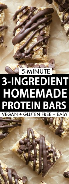 three ingredient homemade protein bars with chocolate drizzled on top and text overlay