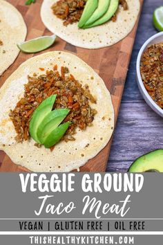 vegan taco meat on tortillas with avocado and cilantro