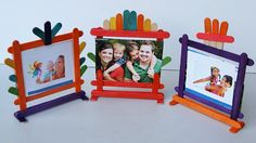 three different colored frames with pictures on them