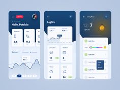 three mobile app screens showing the time, temperature and light settings for each device's user