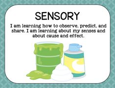 a poster with the words, i am learning how to observe product and share i am learning about my sense and about cause and effect