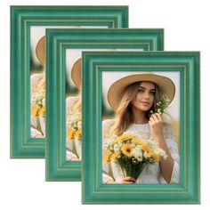 three green frames with yellow and white flowers in them, one is holding a bouquet