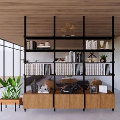 a living room with shelves filled with books and plants on top of each bookcase