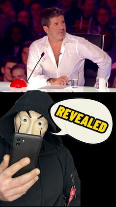 a man in a hoodie holding a cell phone next to an image of a person wearing a mask