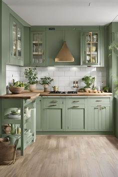 a kitchen filled with lots of green cupboards and counter top next to a wooden floor