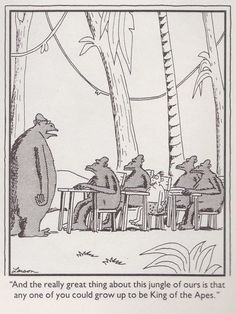 an old comic strip with bears sitting at a table and one bear standing in front of them