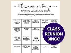 the class reunion bingo is shown in purple