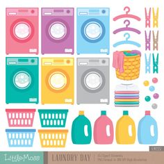 laundry day clipart set with washer, detergent bottle and washing machine in pastel colors