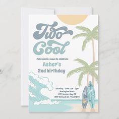 a birthday card with a surfboard and palm trees