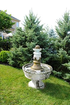 a bird bath sitting in the middle of a yard next to some bushes and trees