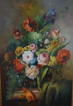 a painting of flowers in a vase on a table