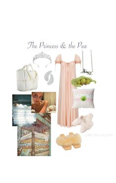 the princess and the pea costume is shown in this image, including slippers, dress,