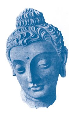 an image of a buddha head in blue ink