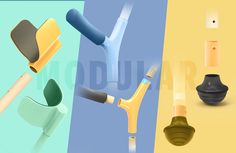 three different types of toothbrushes and other items in the same color palettes